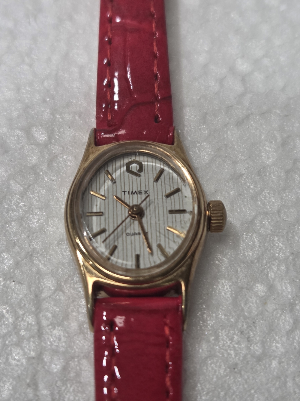 Timex Gold-Tone Watch with Red Strap New Battery New Genuine Leather Band
